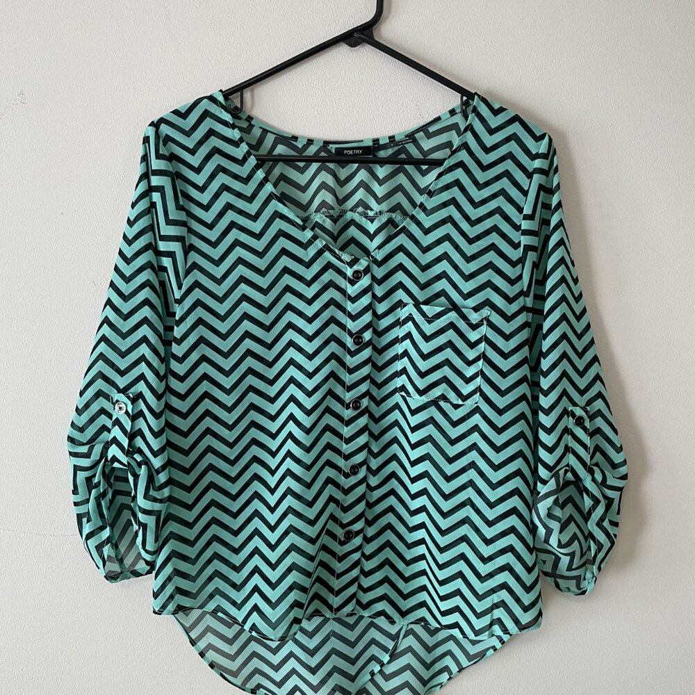 Poetry‎ chevron sheer mint black open back 3/4 sleeve ladies L dressy blouse top